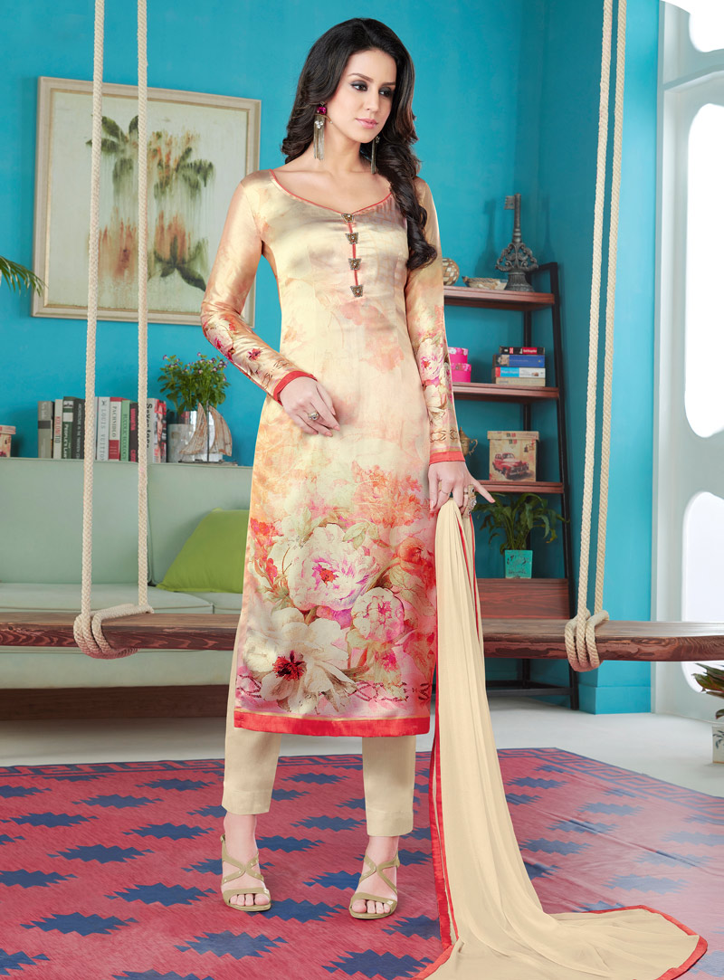 Beige Satin Pakistani Style Suit 116261
