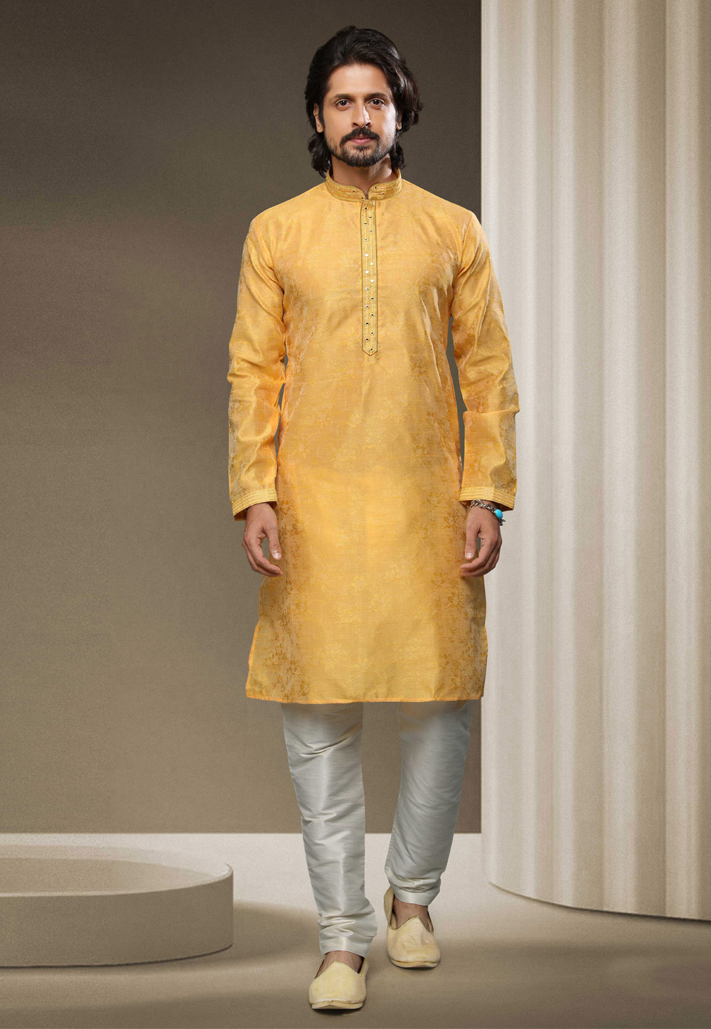 Yellow Jacquard Silk Kurta Pajama 255874