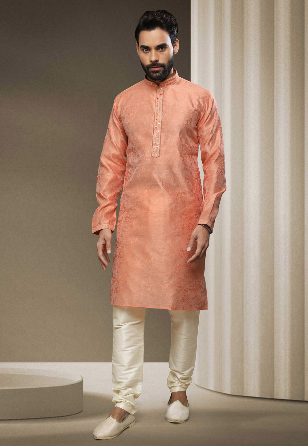 Peach Jacquard Silk Kurta Pajama 255876