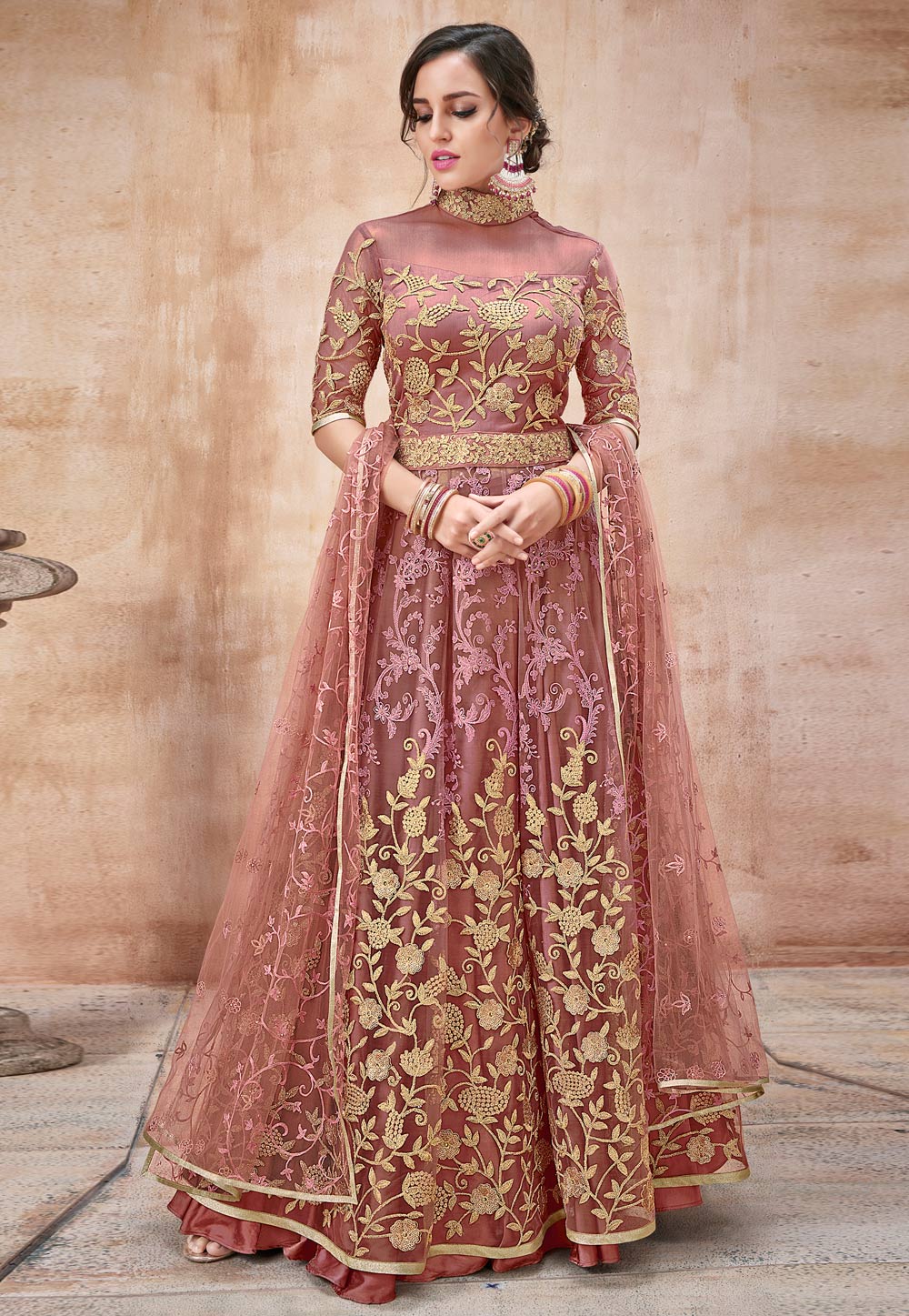 Pink Net Long Anarkali Suit 164122