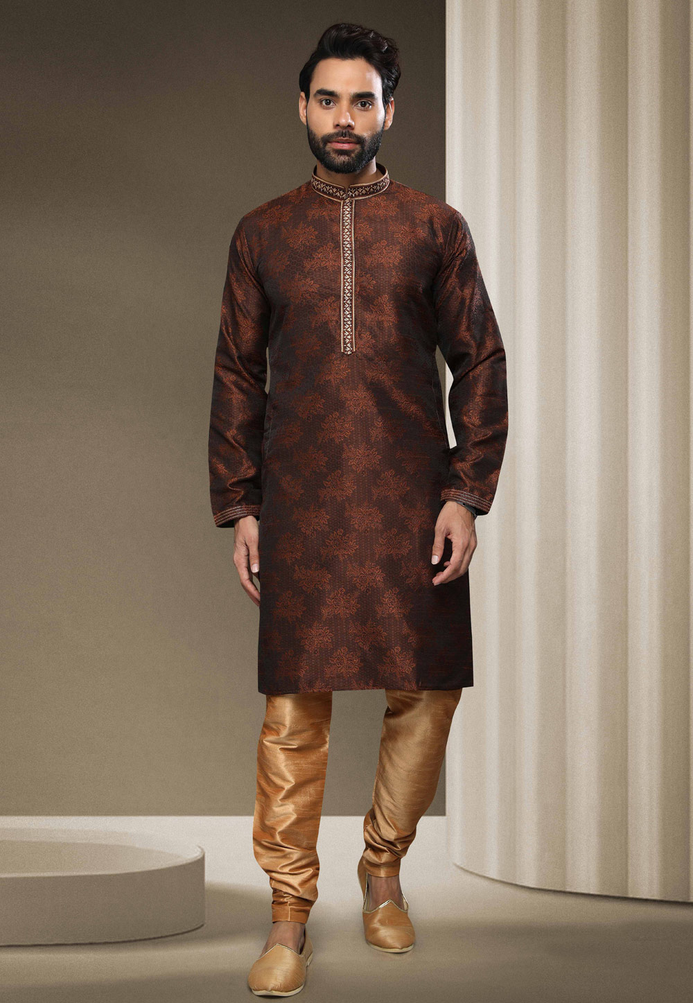 Brown Jacquard Silk Kurta Pajama 255880