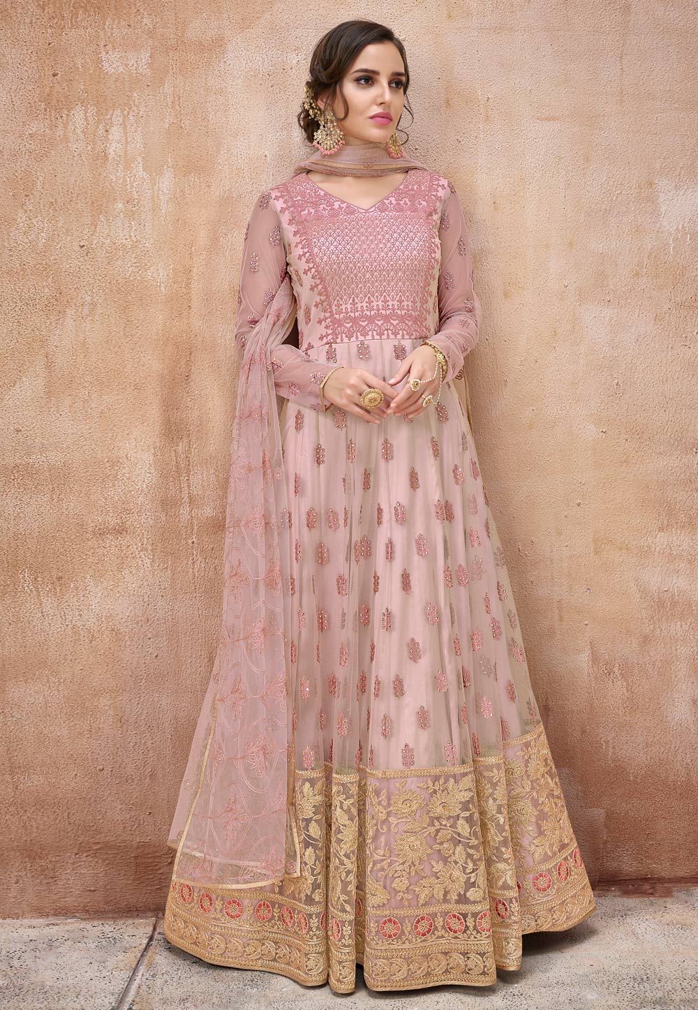Light Pink Net Long Anarkali Suit 164123