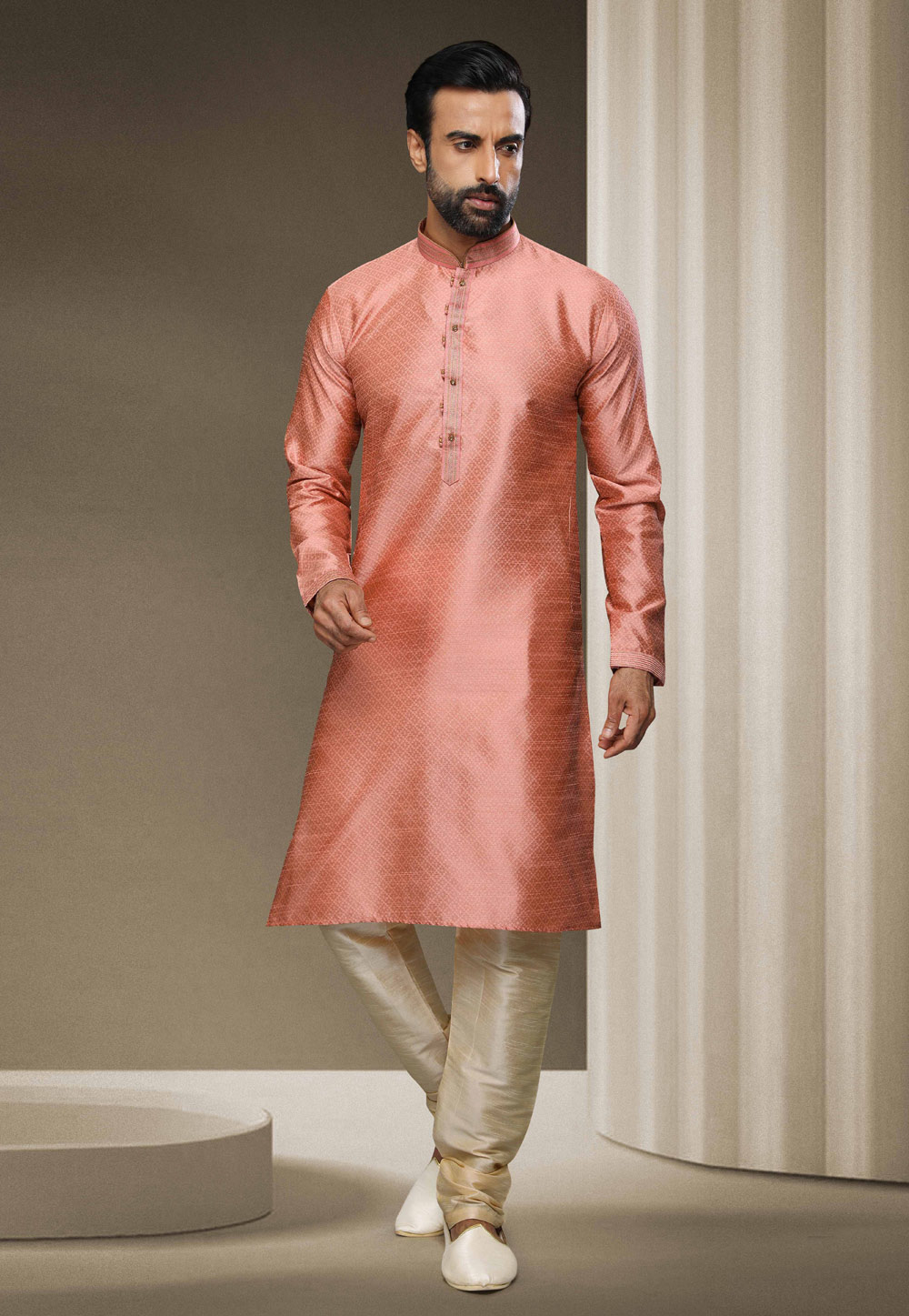 Peach Jacquard Silk Kurta Pajama 255889