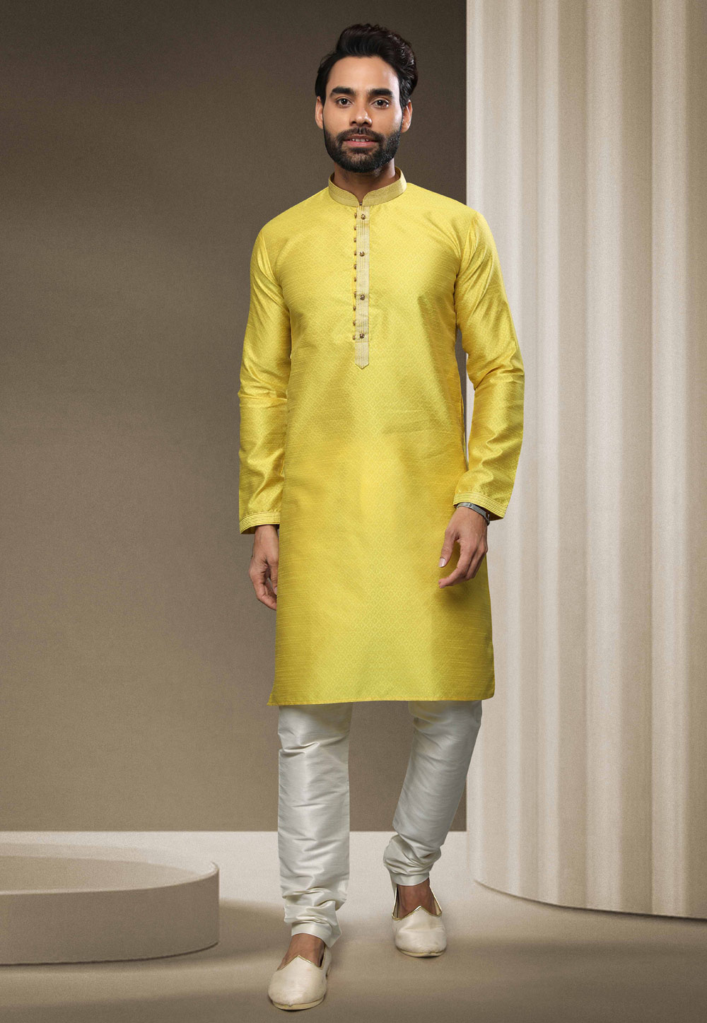 Yellow Jacquard Silk Kurta Pajama 255890
