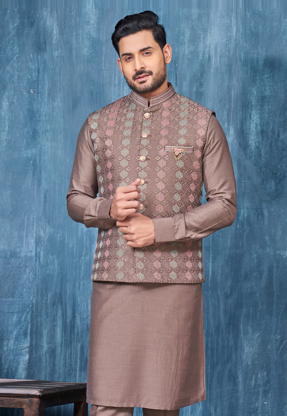 Striking Brown Color Art Silk Sangeet Wear Readymade Kurta Pyjama With  Trendy Jacket