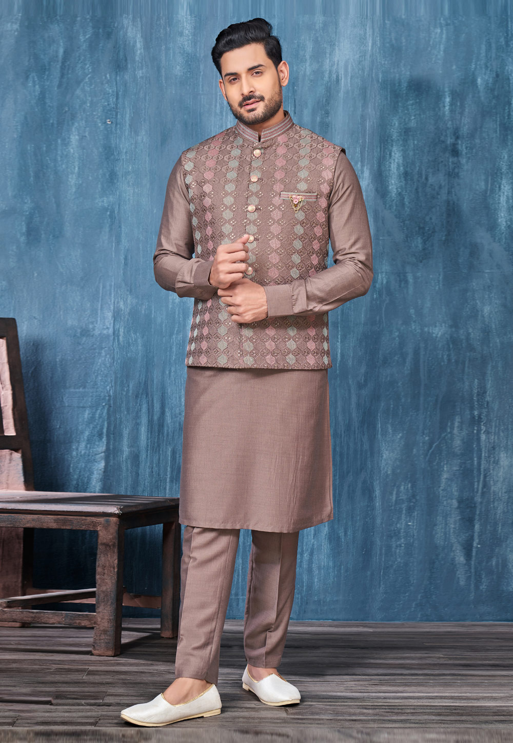 Brown Color Cotton Fabric Engrossing Kurta Pyjama With Printed Jacket