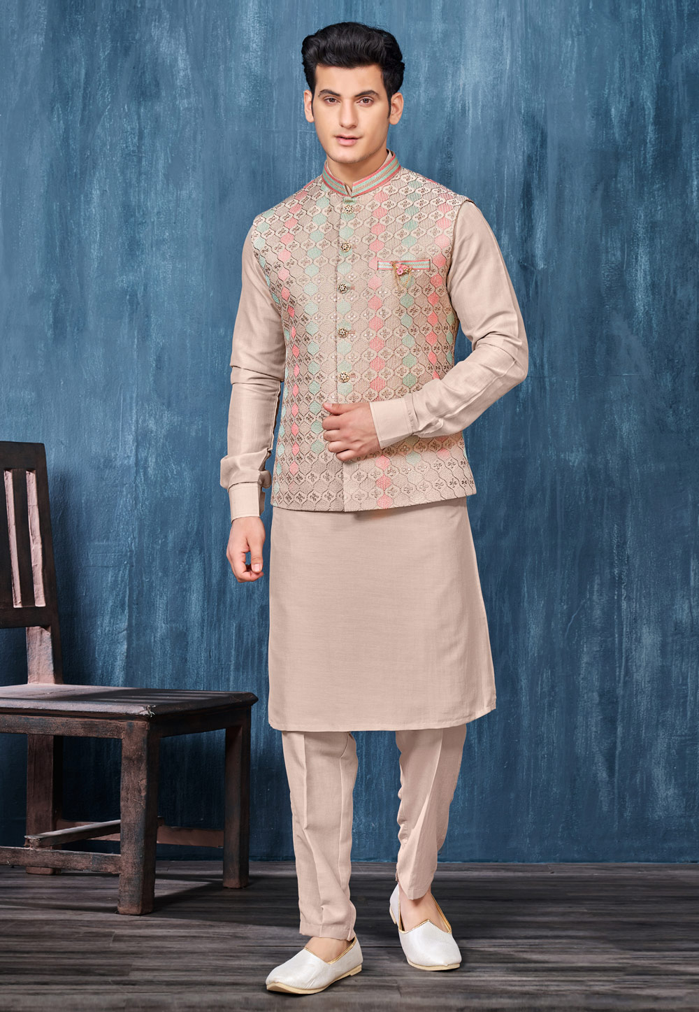Beige Banarasi Silk Kurta Pajama With Jacket 276714