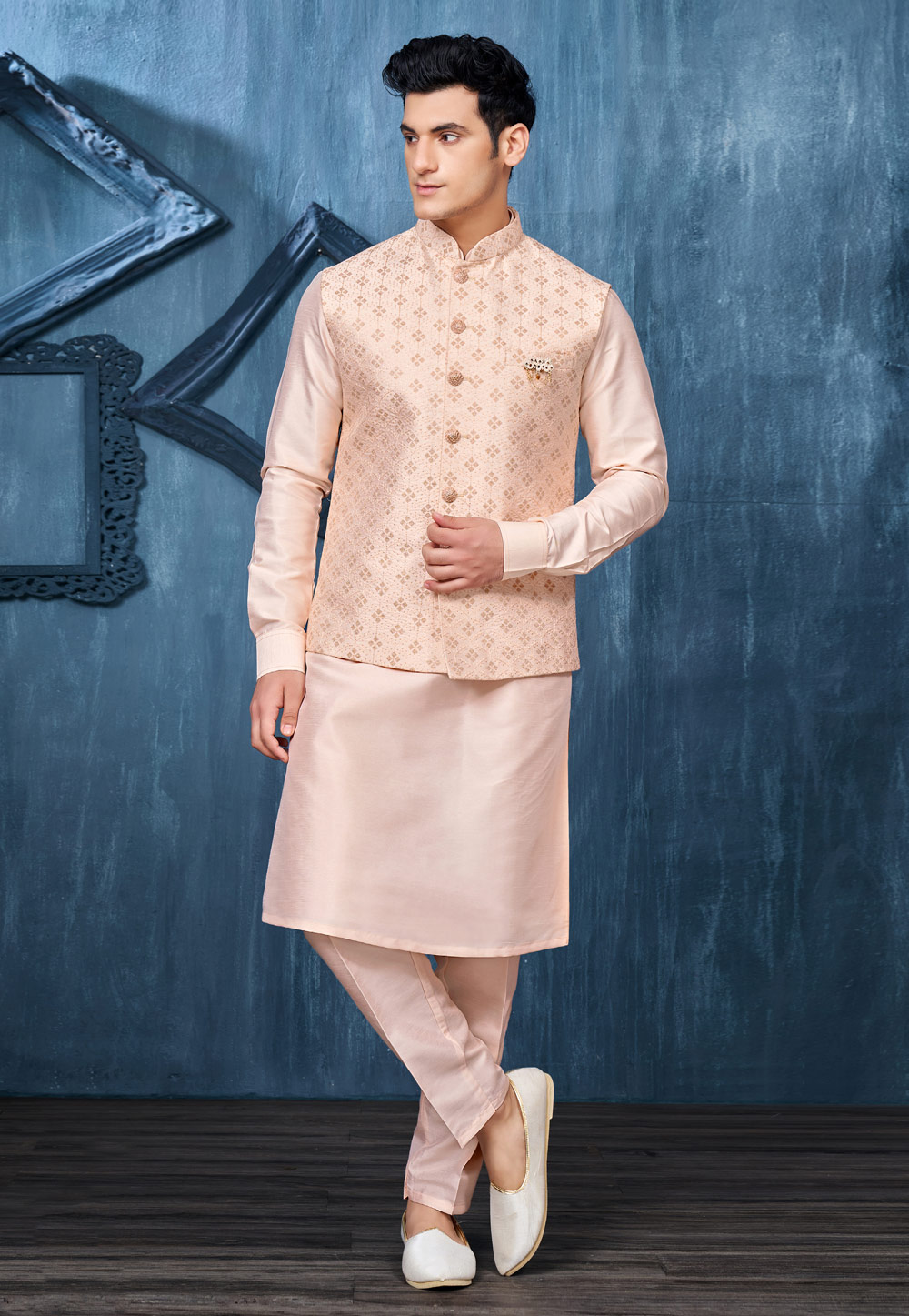 Peach Banarasi Silk Kurta Pajama With Jacket 276715
