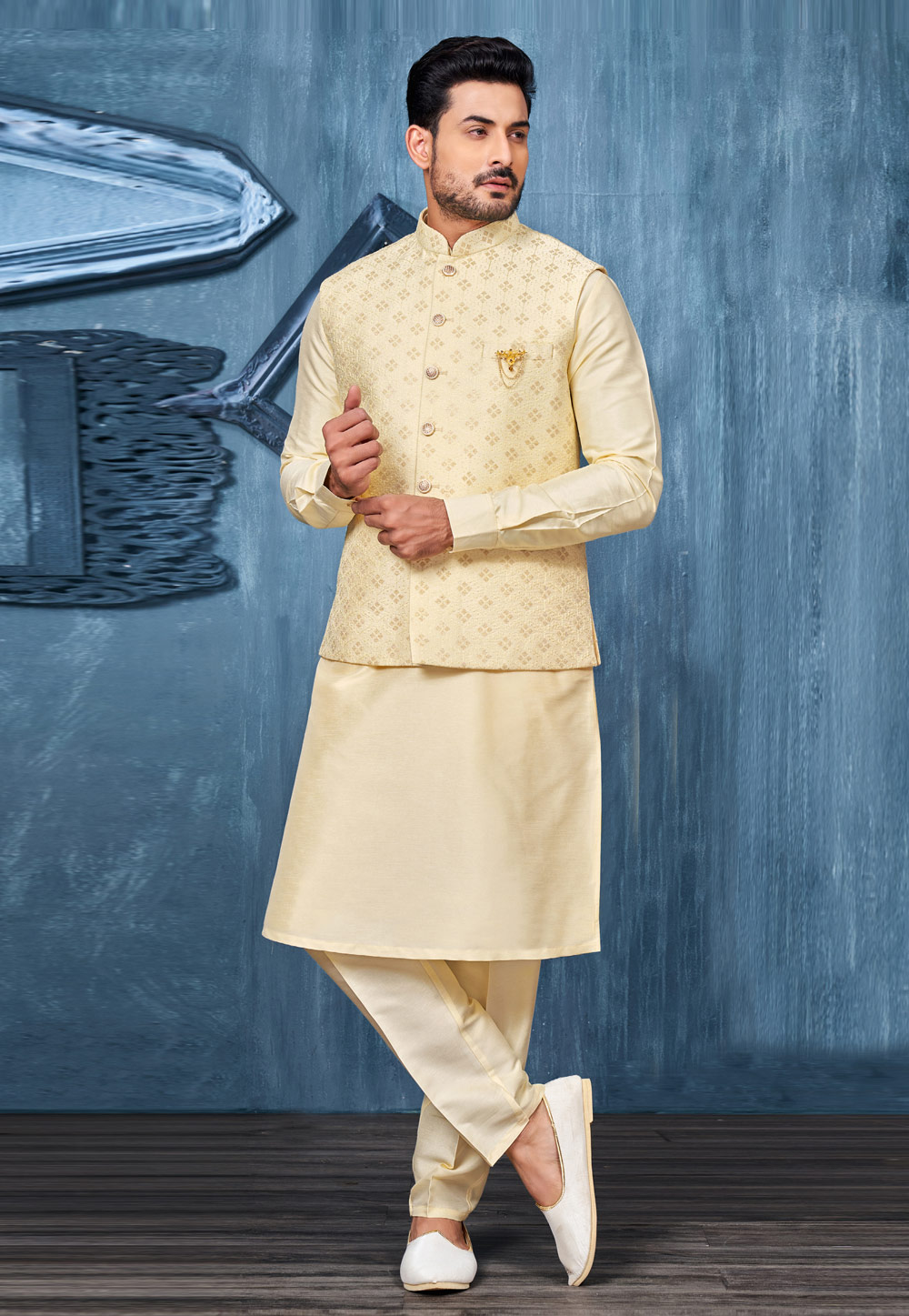 Light Yellow Banarasi Silk Kurta Pajama With Jacket 276716