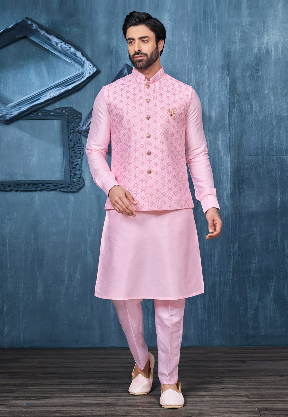 Pink Banarasi Silk Kurta Pajama With Jacket 276717