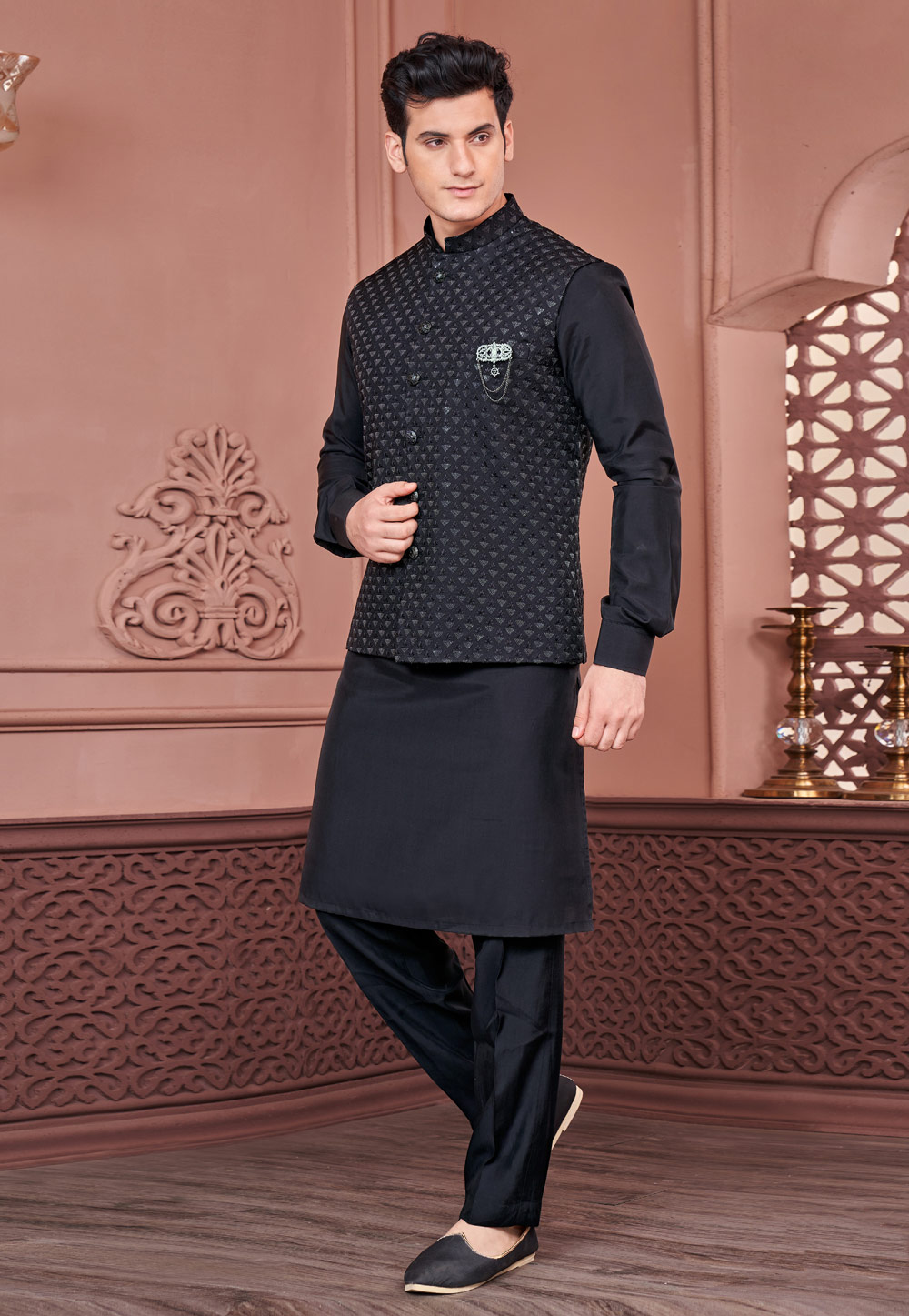 Black Banarasi Silk Kurta Pajama With Jacket 276718