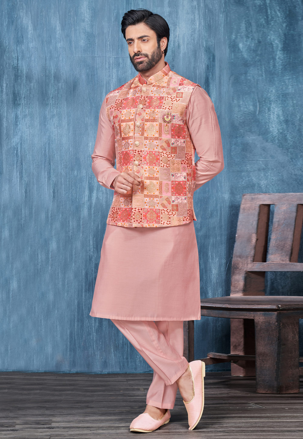 Pink Jacquard Kurta Pajama With Jacket 276723