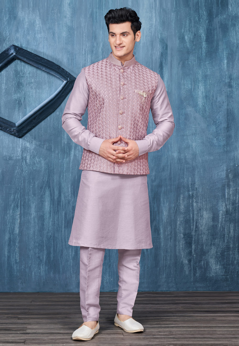 Lavender Banarasi Silk Kurta Pajama With Jacket 276724