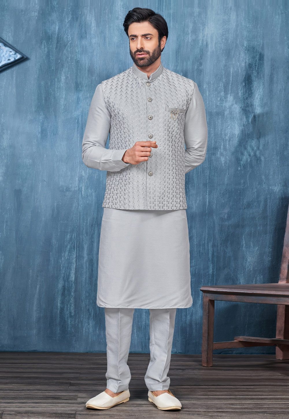 Grey Banarasi Silk Kurta Pajama With Jacket 276725