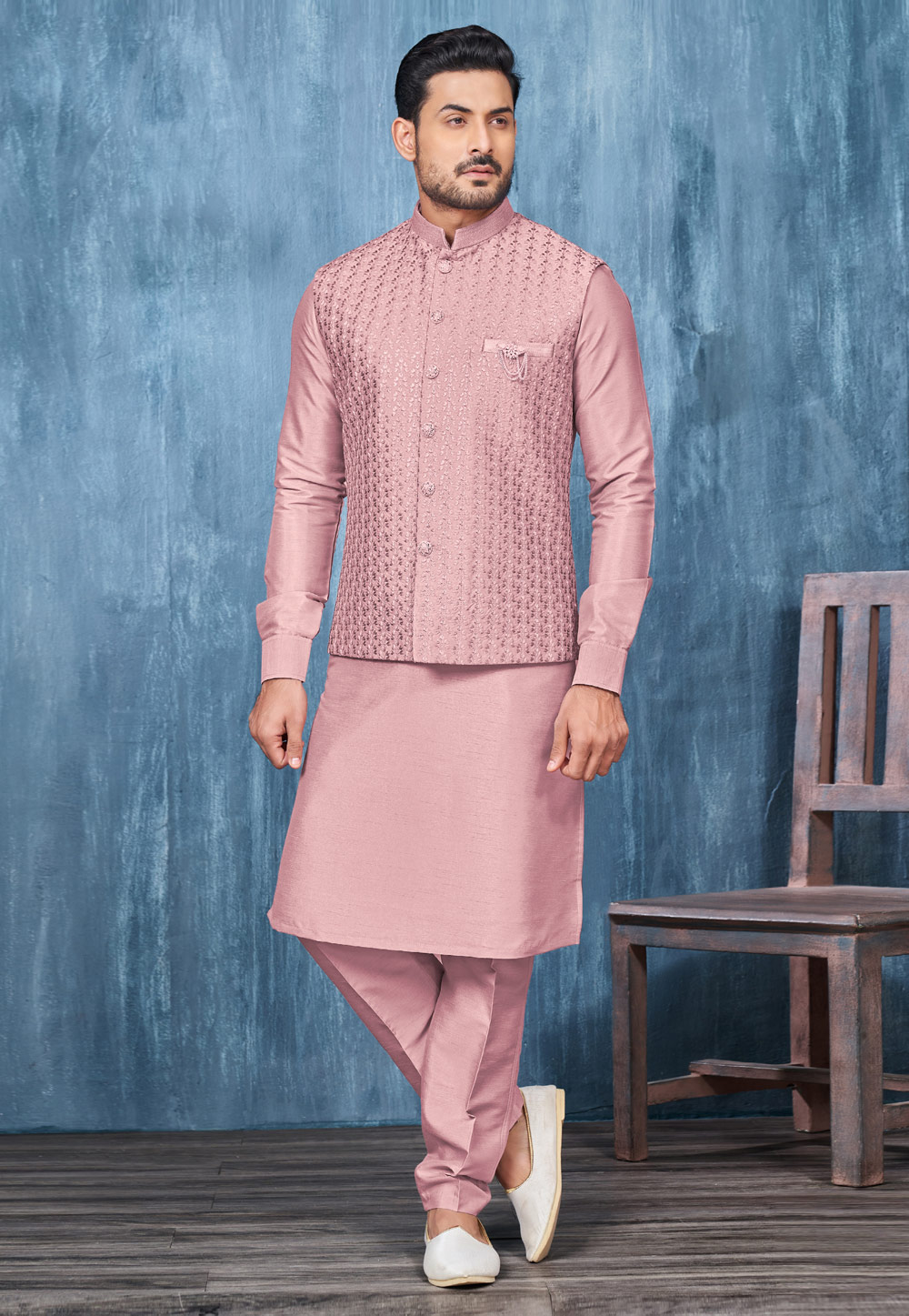 Pink Banarasi Silk Kurta Pajama With Jacket 276726