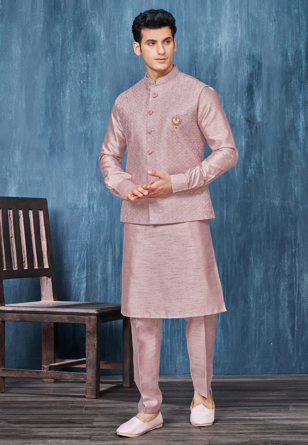 Pink Banarasi Silk Kurta Pajama With Jacket 276727