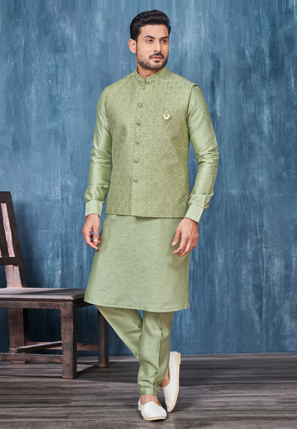 Buy Silk Kurta Payjama With Jacket in Green and White Online