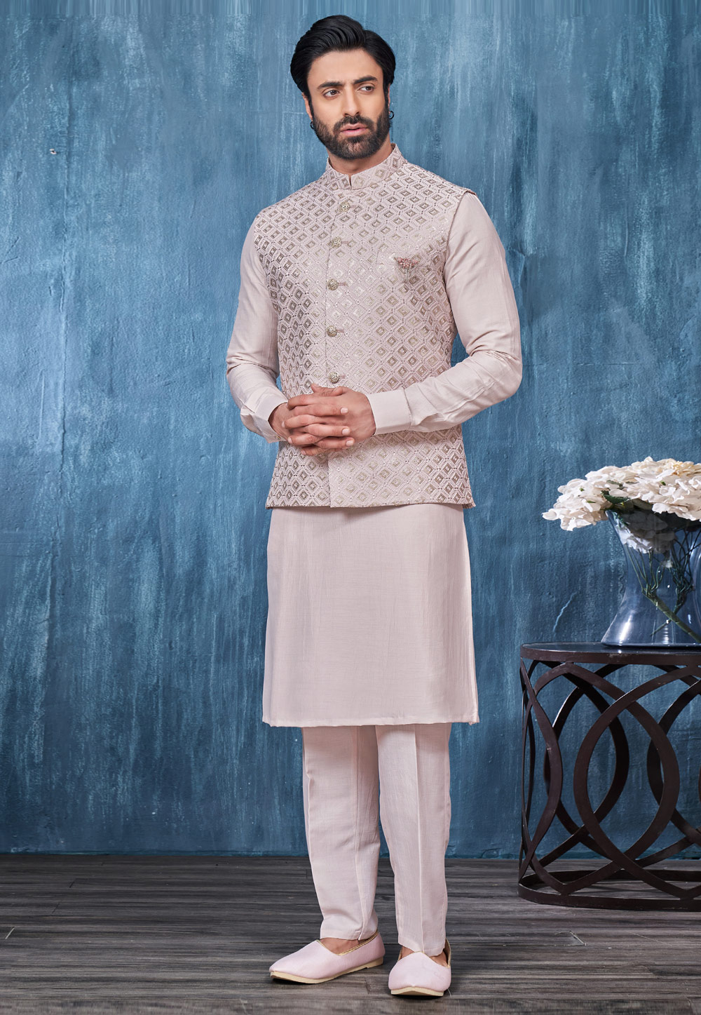 Cream Banarasi Silk Kurta Pajama With Jacket 276729