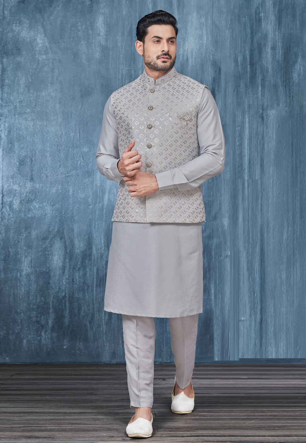 Grey Banarasi Silk Kurta Pajama With Jacket 276730