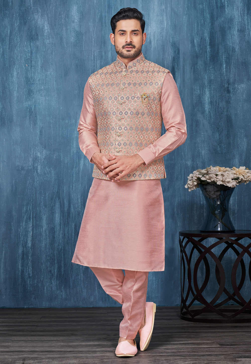 Peach Banarasi Silk Kurta Pajama With Jacket 276731