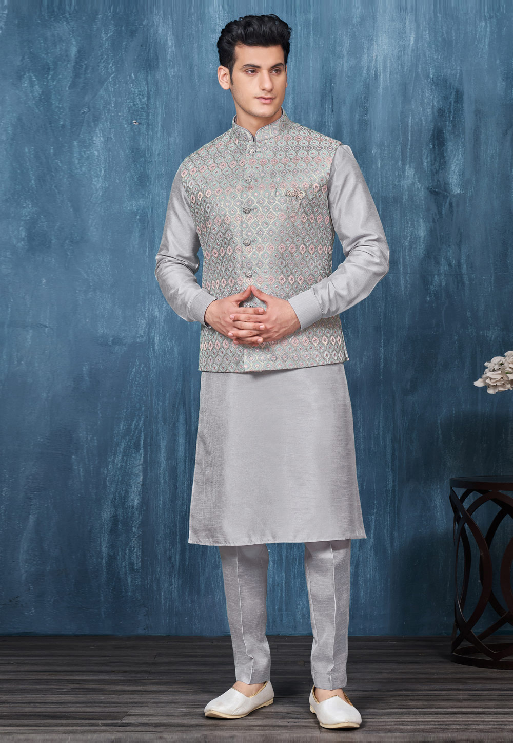 Grey Banarasi Silk Kurta Pajama With Jacket 276732