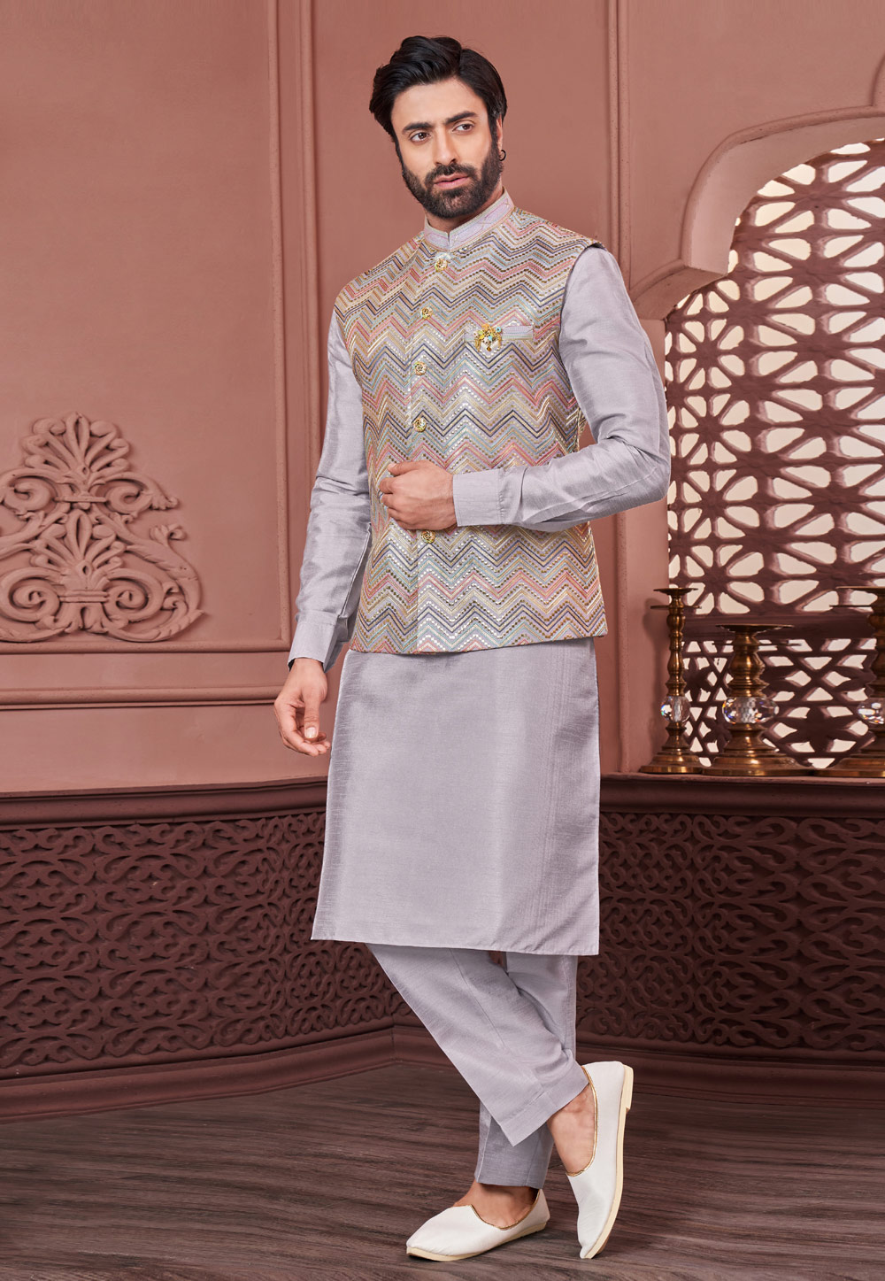 Grey Banarasi Silk Kurta Pajama With Jacket 276733