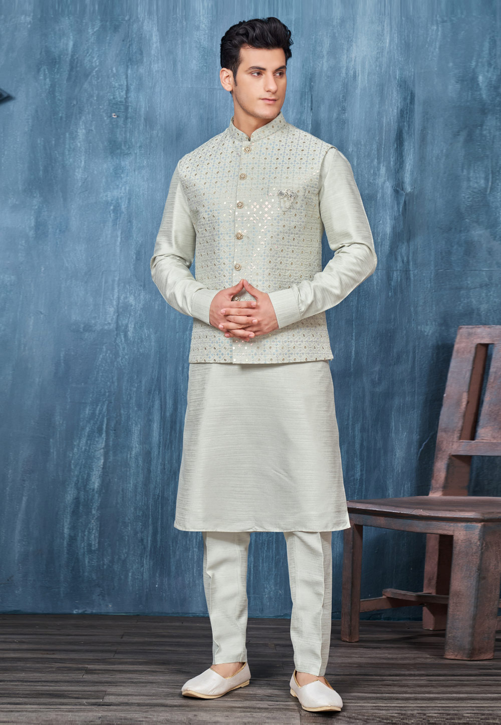 Grey Banarasi Silk Kurta Pajama With Jacket 276740
