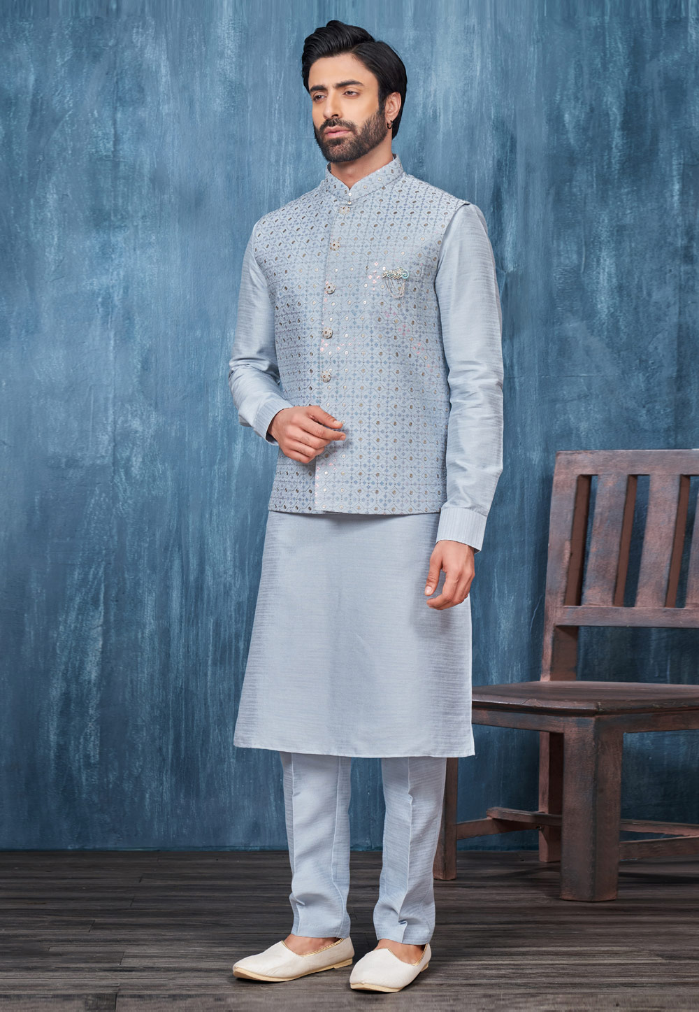 Light Blue Banarasi Silk Kurta Pajama With Jacket 276741