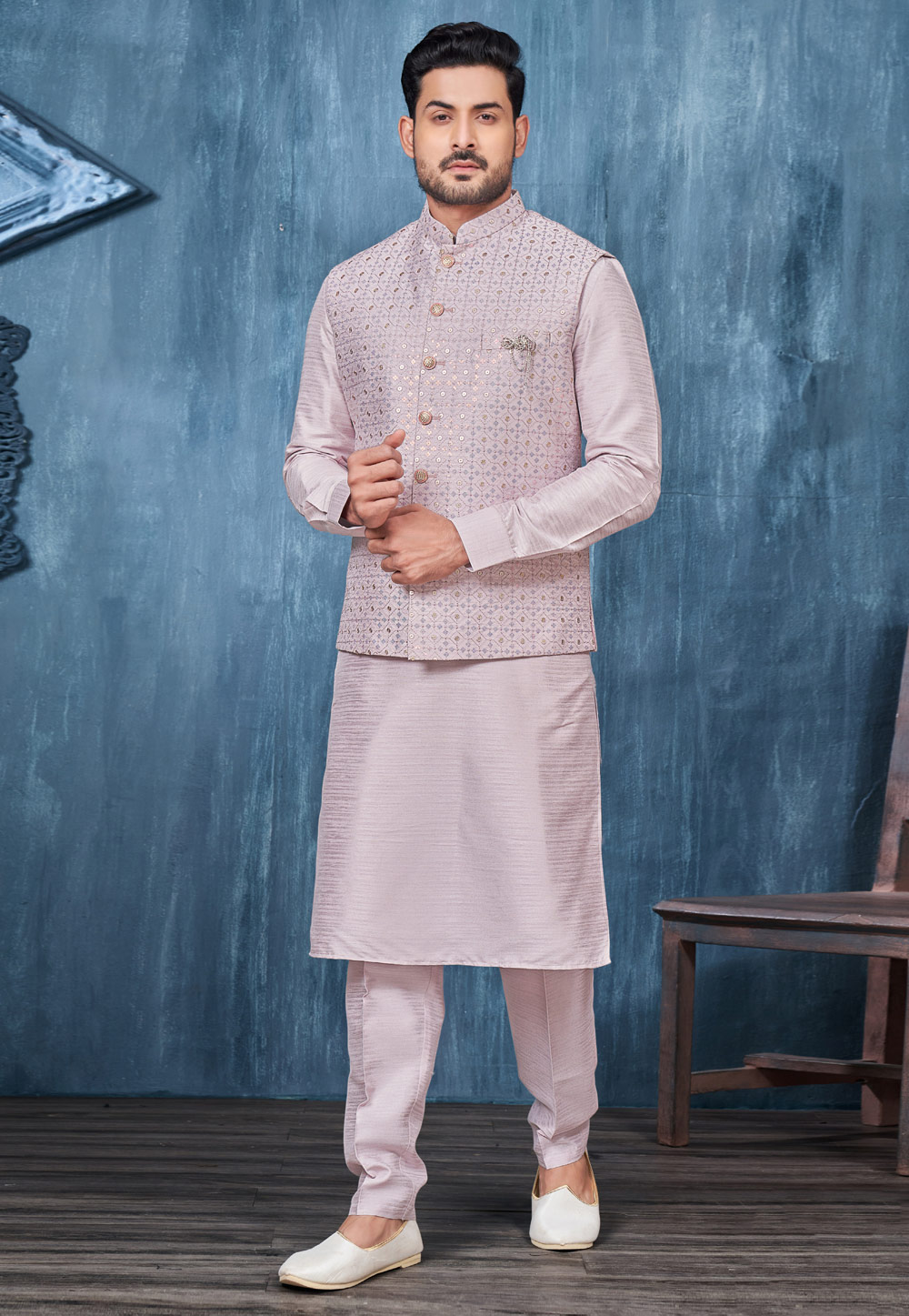Light Pink Banarasi Silk Kurta Pajama With Jacket 276742