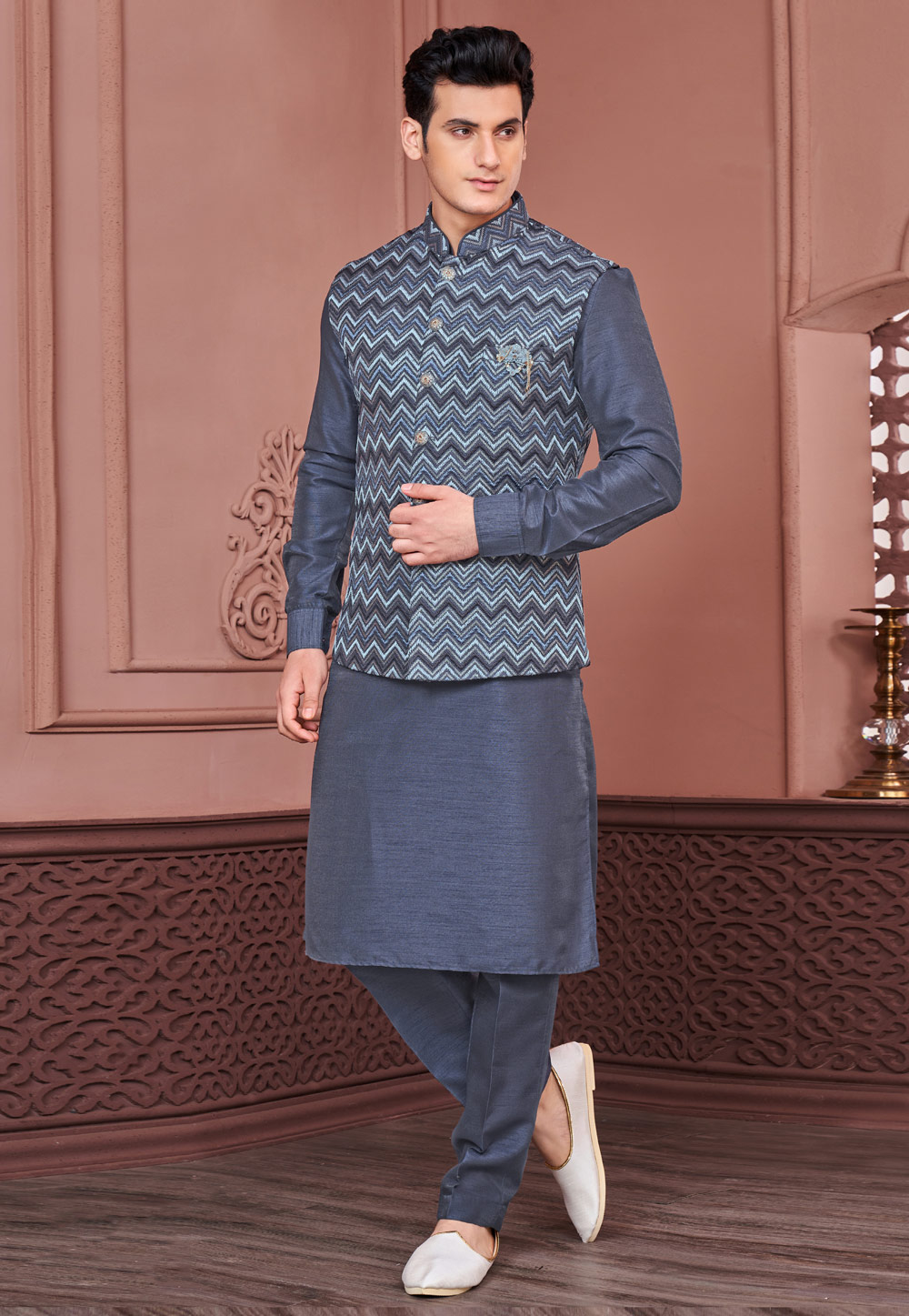 Navy Blue Banarasi Silk Kurta Pajama With Jacket 276743
