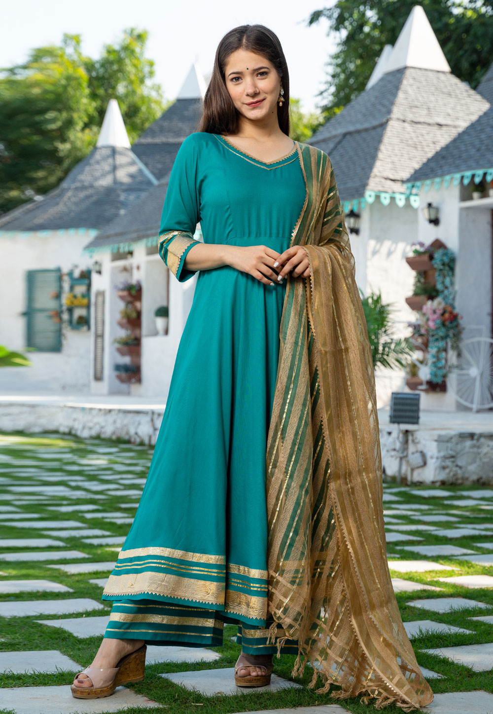 Turquoise Rayon Readymade Palazzo Suit 218100