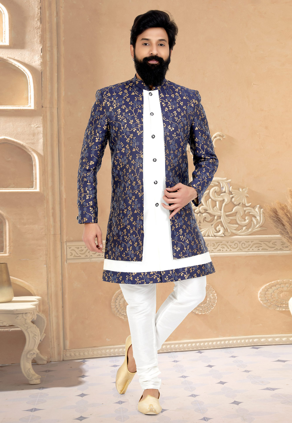 White Jacquard Silk Jacket Style Sherwani 263259