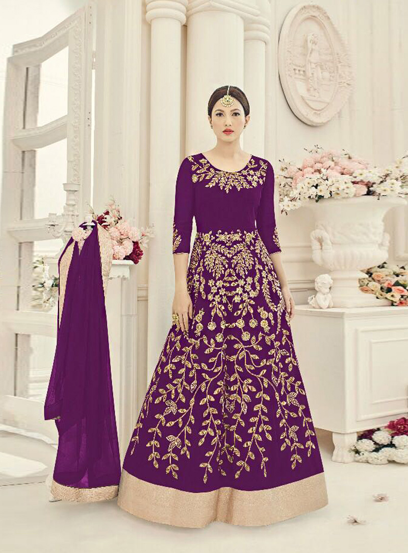 Gauhar Khan Purple Faux Georgette Long Anarkali Suit 95319
