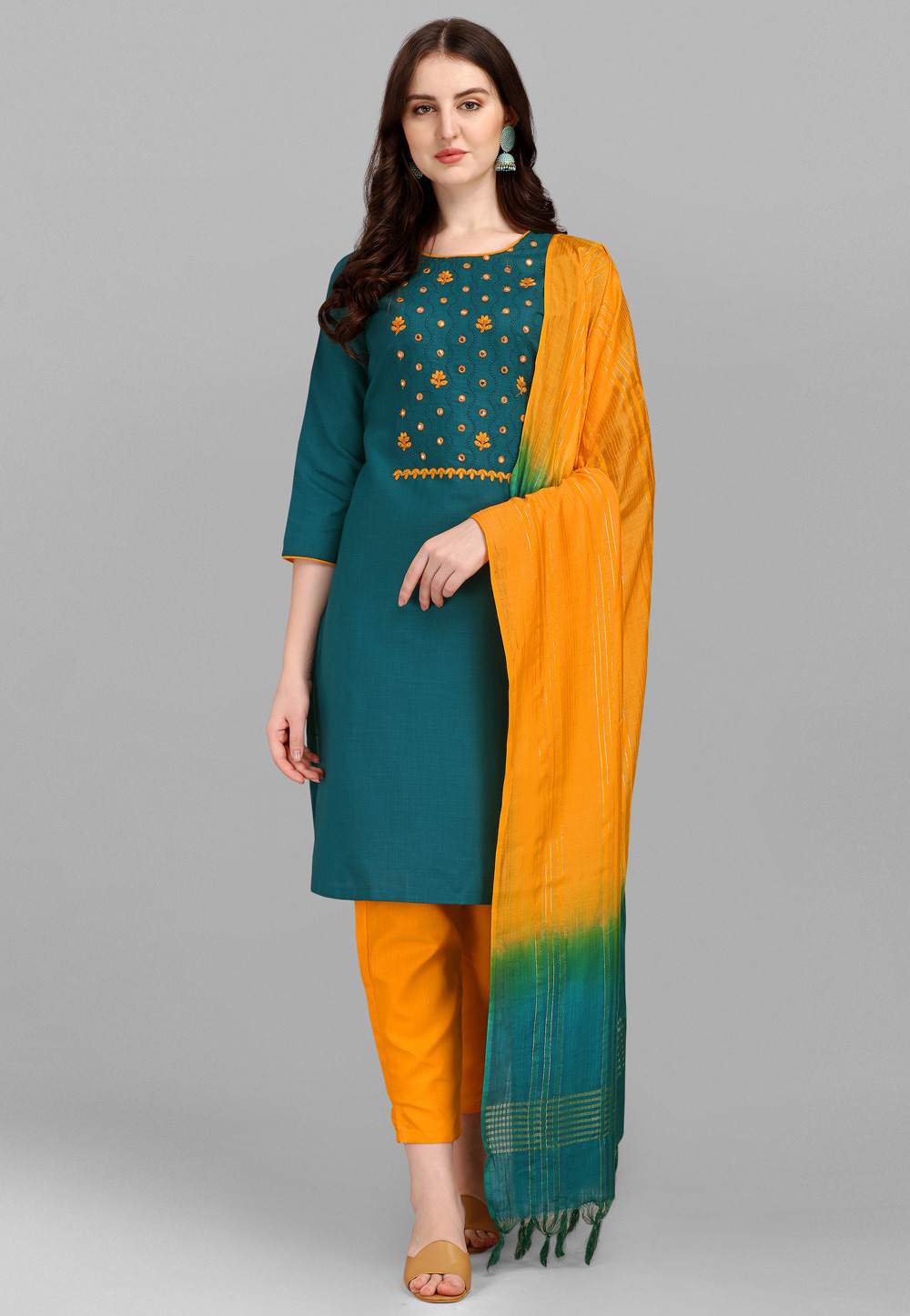 Teal Cotton Readymade Pant Style Suit 255849