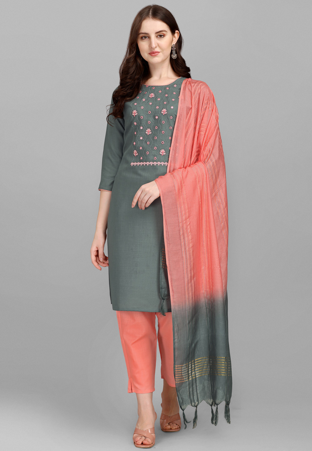 Grey Cotton Readymade Pant Style Suit 255850