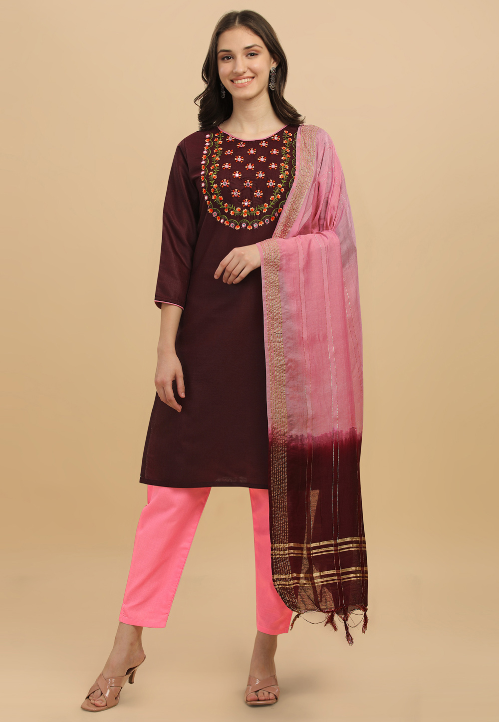 Maroon Cotton Readymade Pant Style Suit 255851