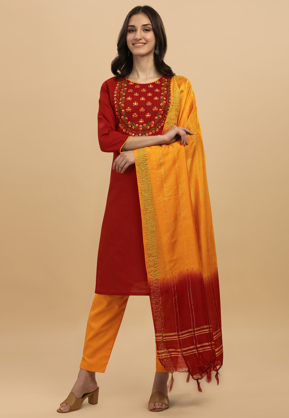 Red Cotton Readymade Pant Style Suit 255852