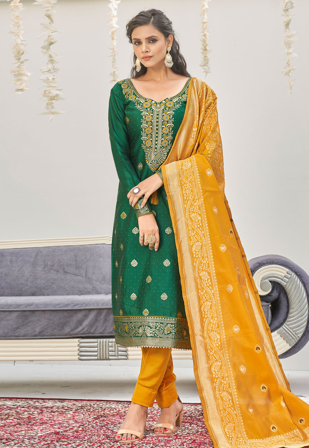 Green Banarasi Jacquard Pant Style Suit 243055