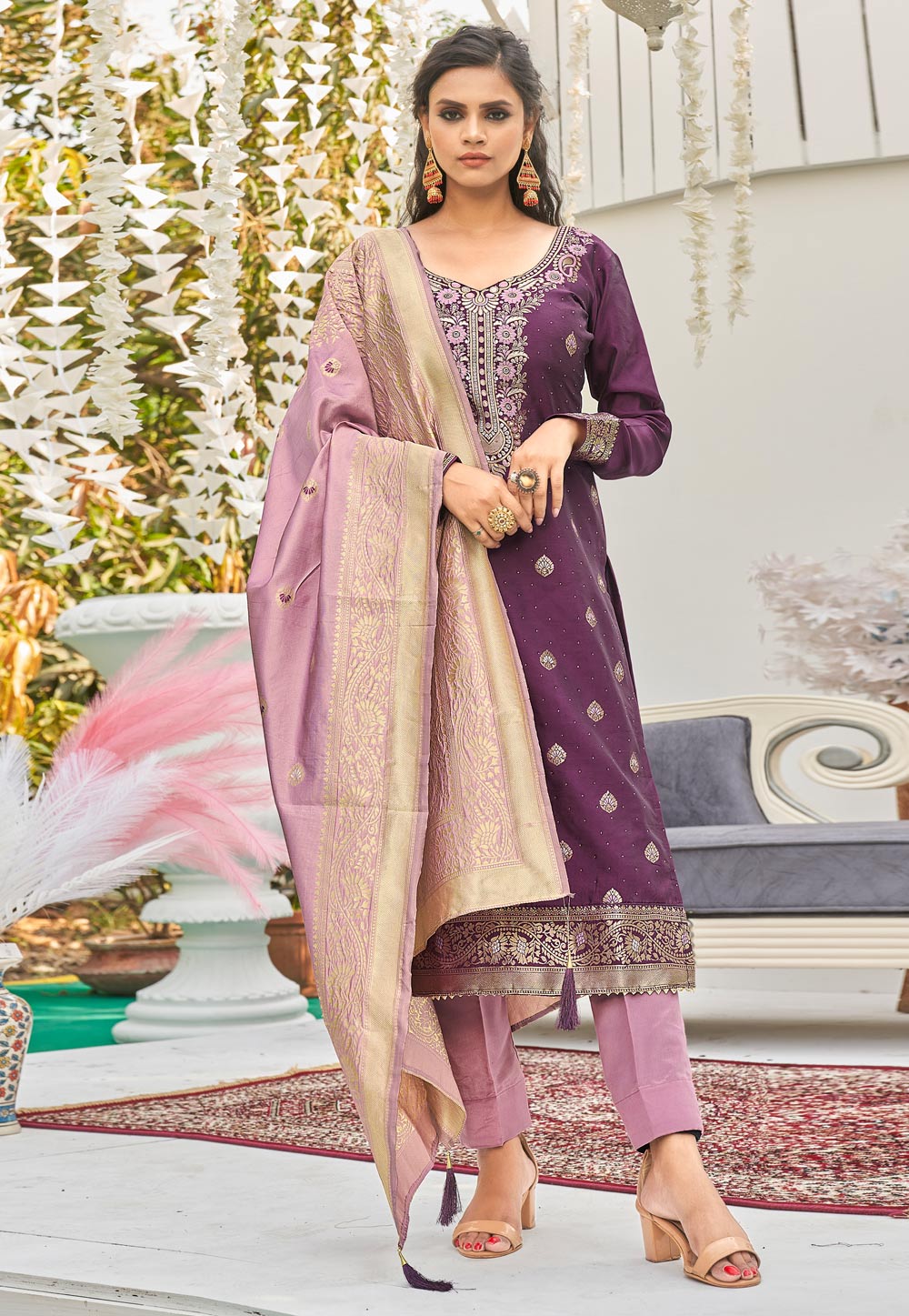 Purple Banarasi Jacquard Pant Style Suit 243057