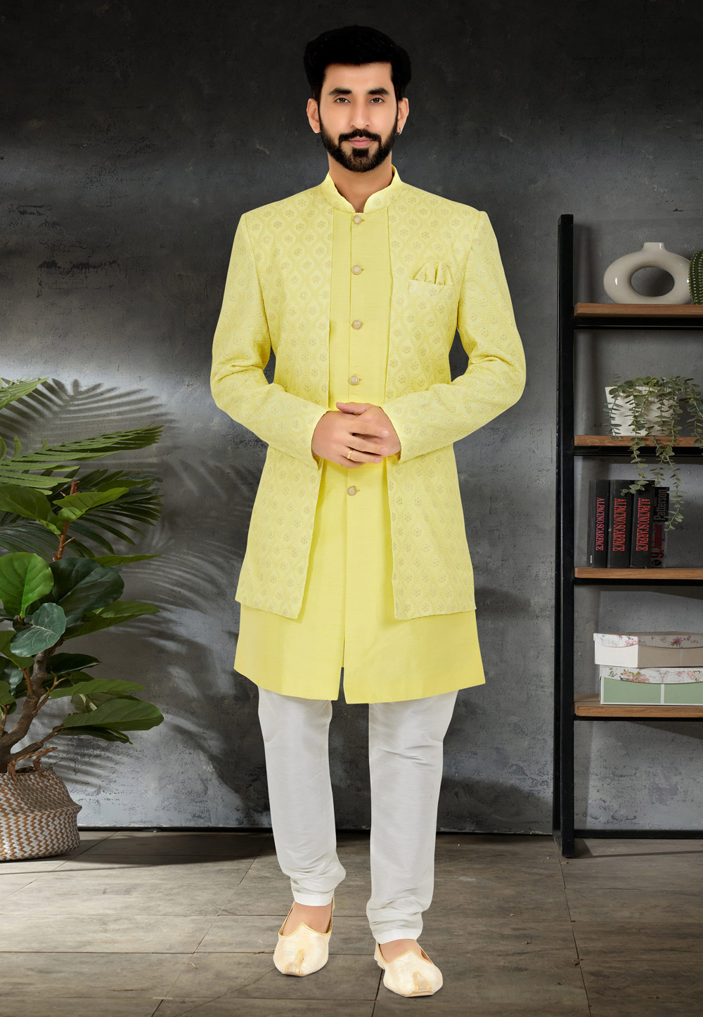 Yellow Georgette Jacket Style Sherwani 263260