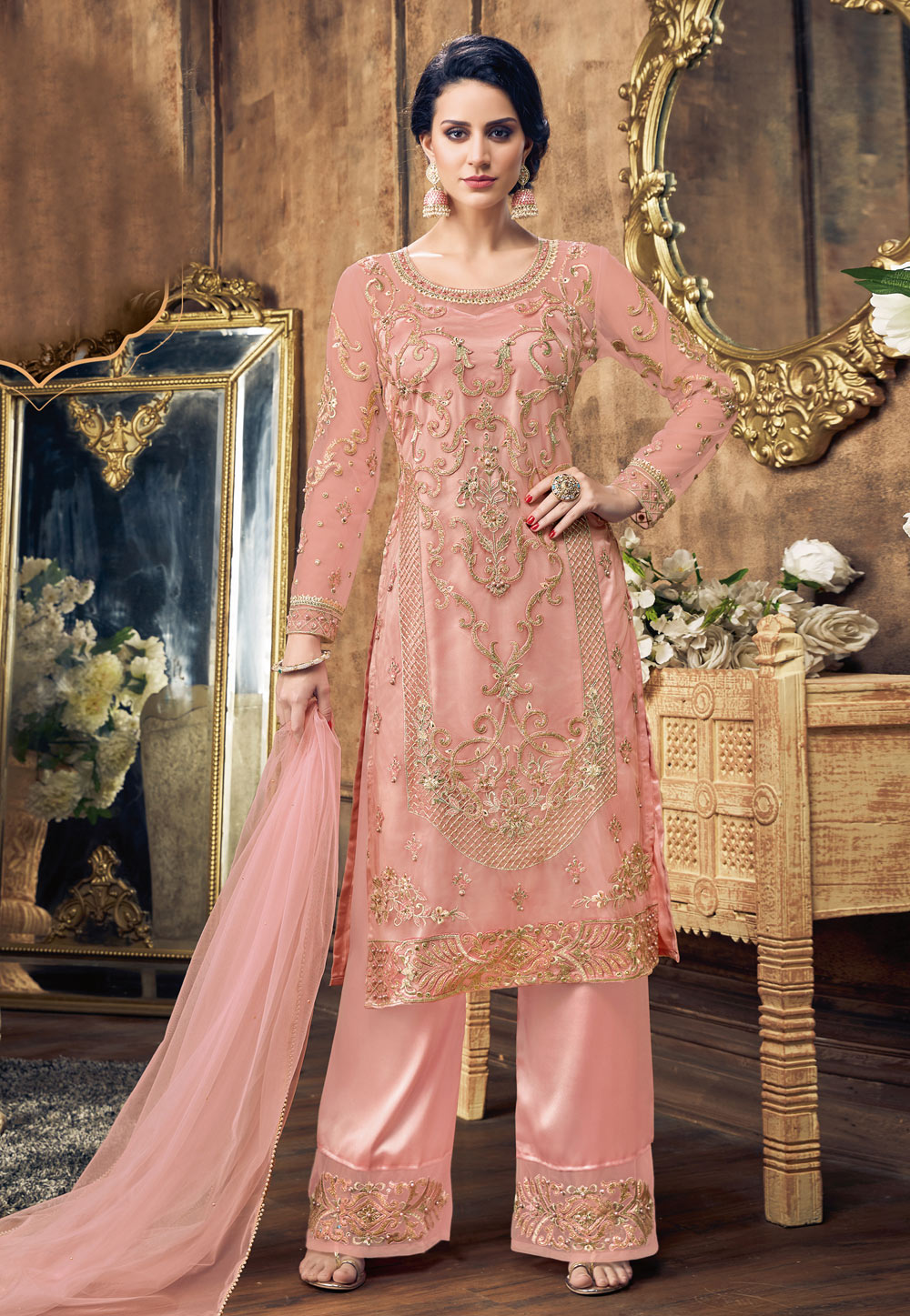 Pink Net Embroidered Kameez With Palazzo 180068