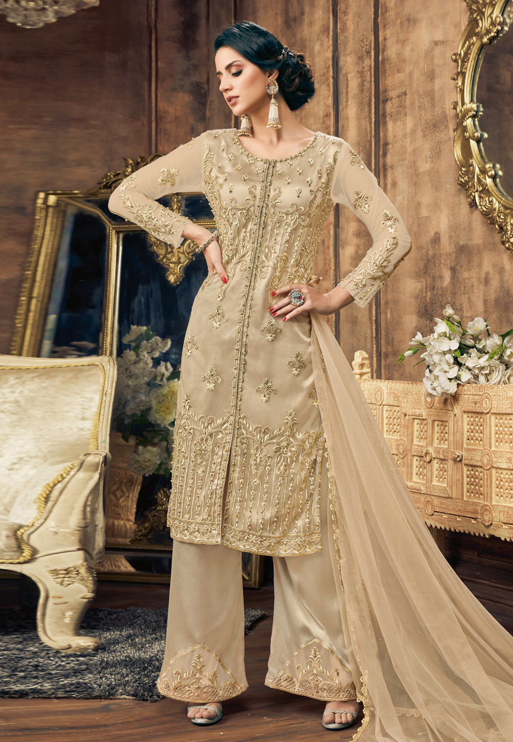 Beige Net Embroidered Palazzo Suit 180069