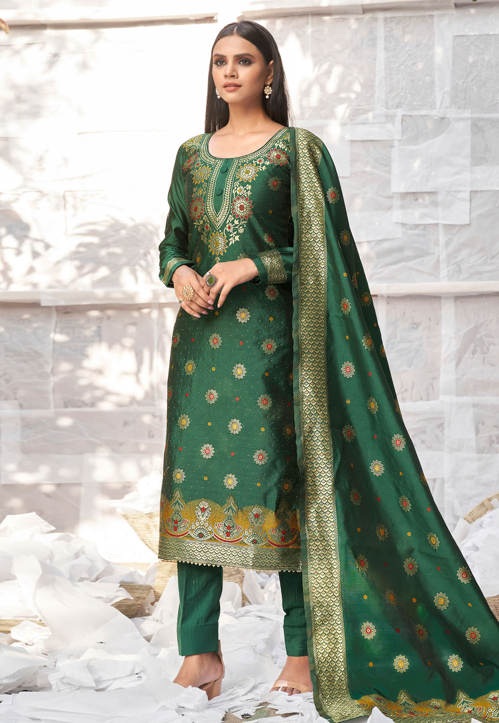 Green Banarasi Jacquard Pant Style Suit 243144