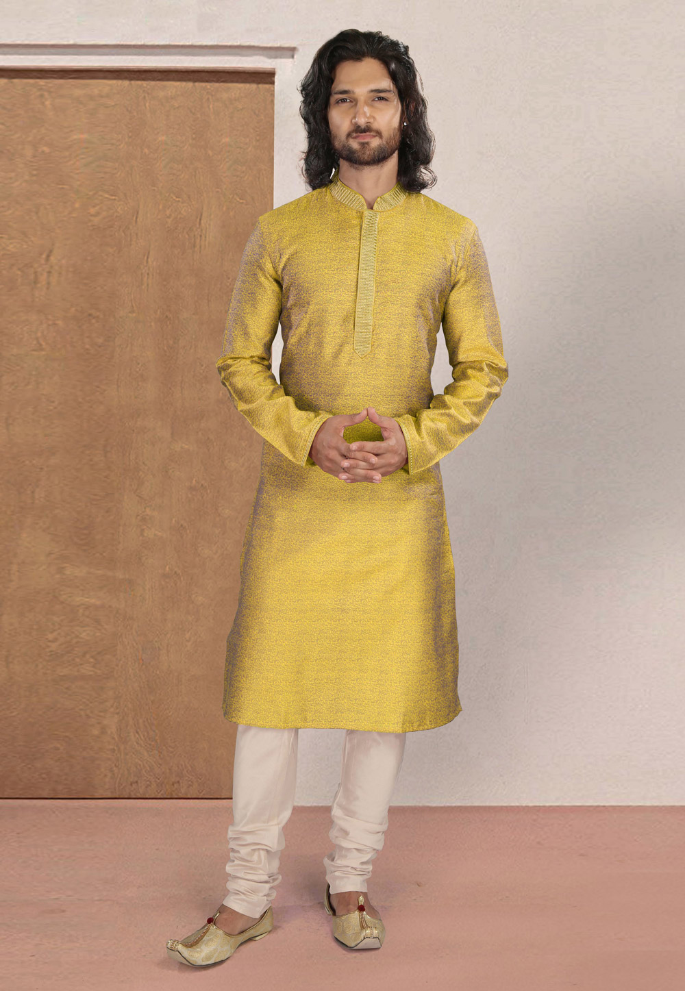 Yellow Polyester Kurta Pajama 218880
