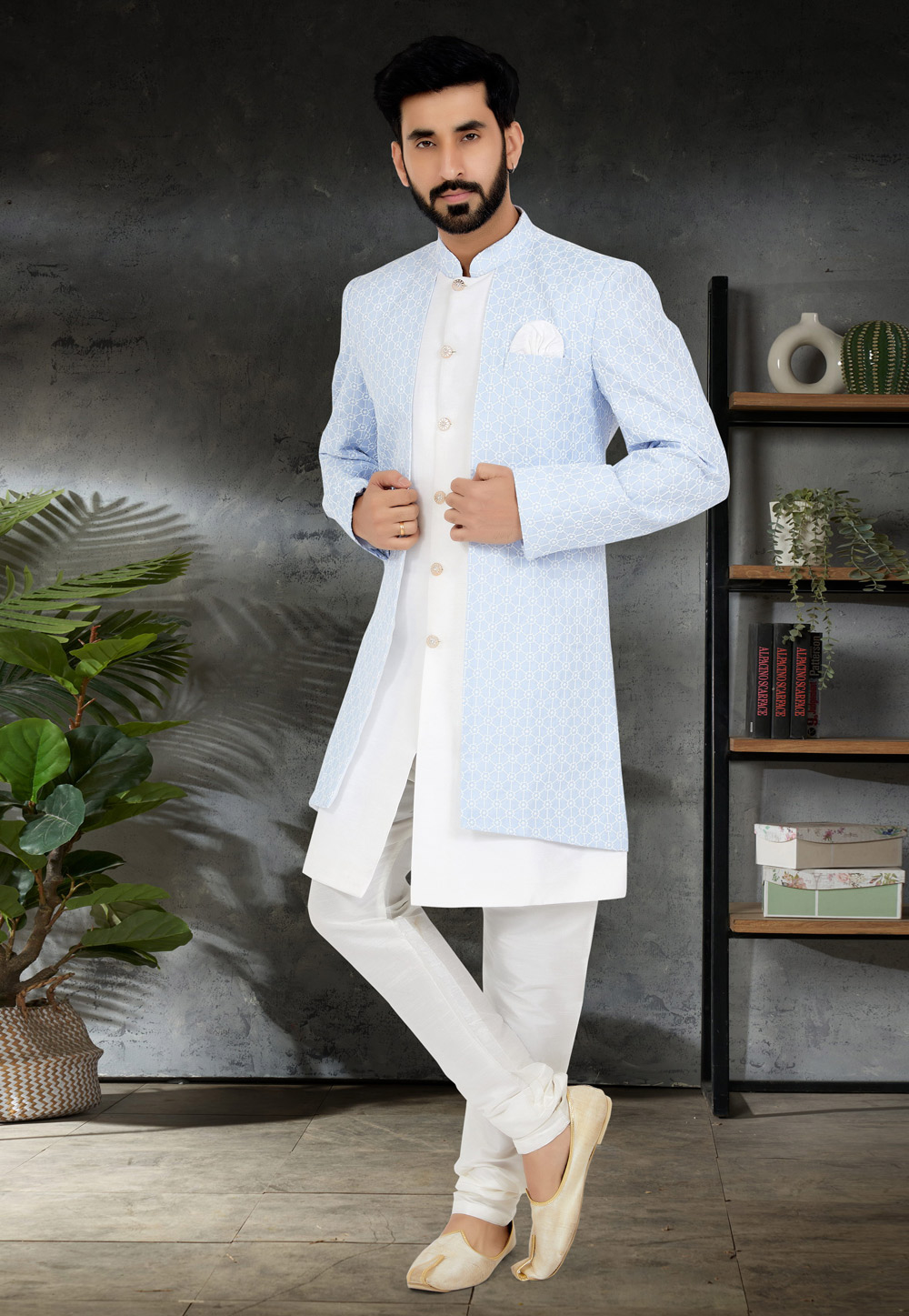 White Cotton Silk Jacket Style Sherwani 263261