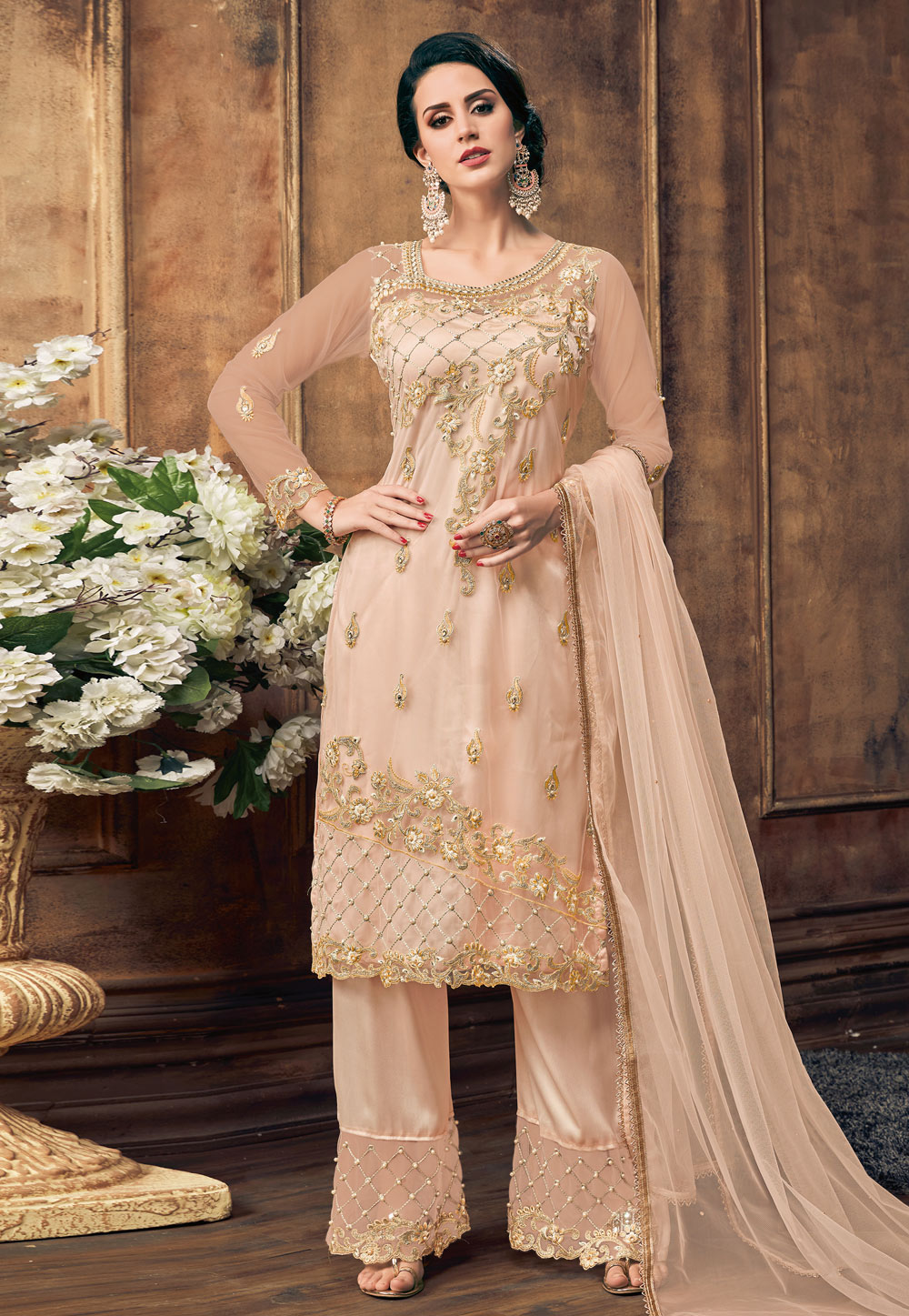 Peach Net Embroidered Kameez With Palazzo 180072