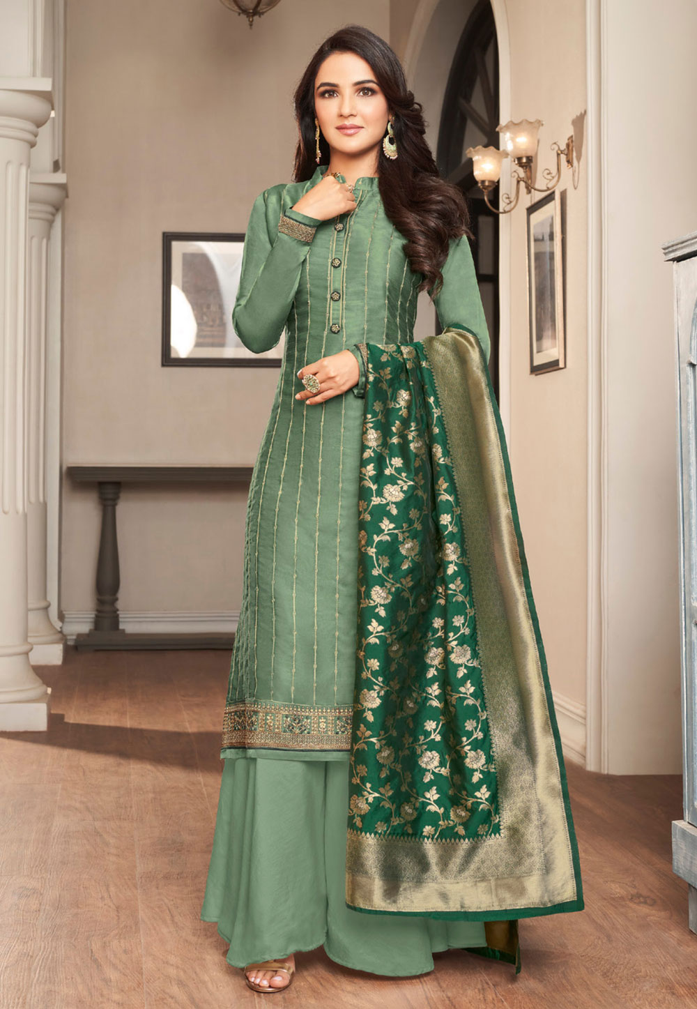 Sea Green Satin Silk Pakistani Palazzo Suit 246851