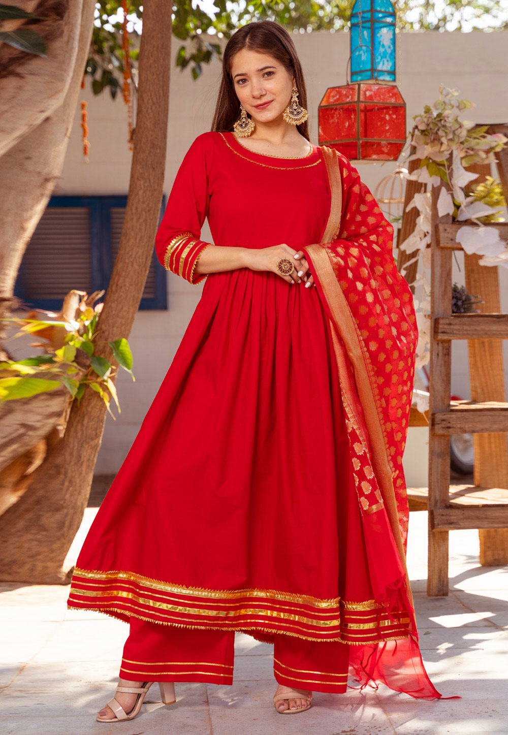 Red Cotton Readymade Kameez With Palazzo 218103