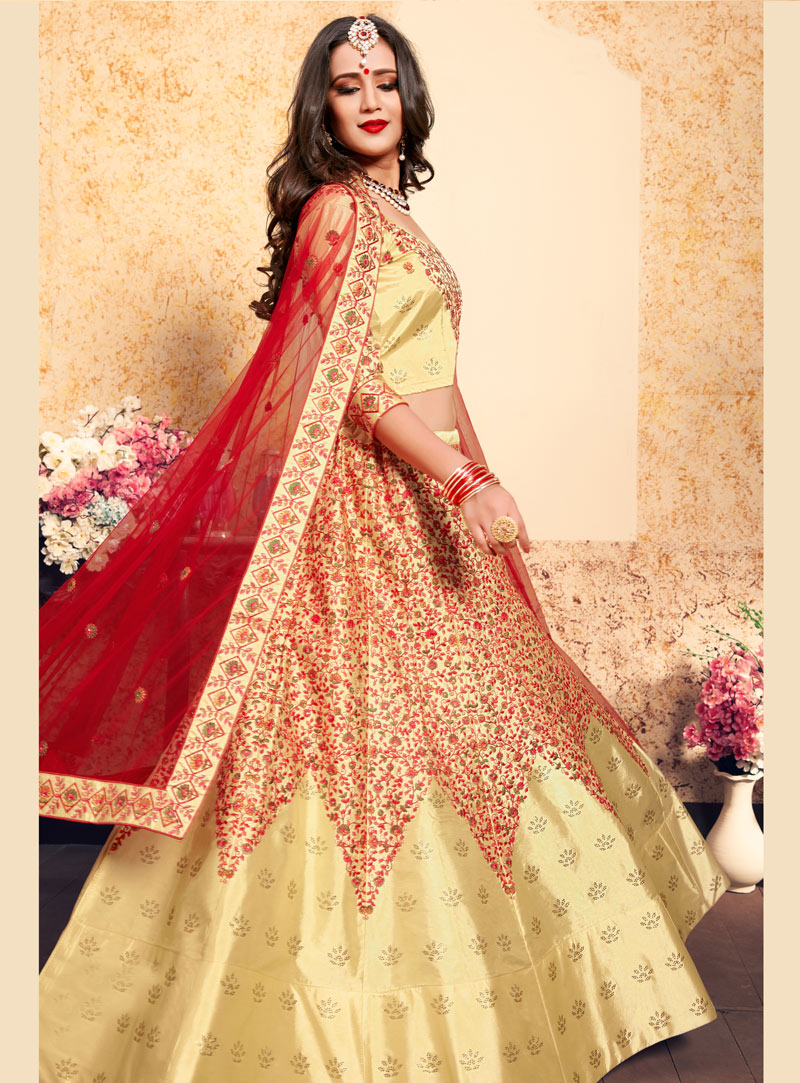 Red & Cream With Golden Embroidered Bridal Lehenga – Fashionous