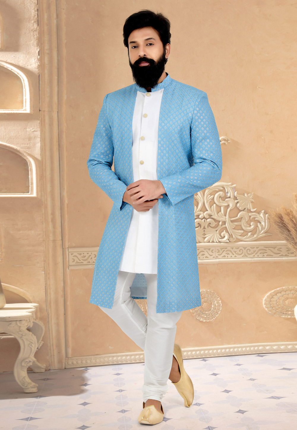White Georgette Jacket Style Sherwani 263262